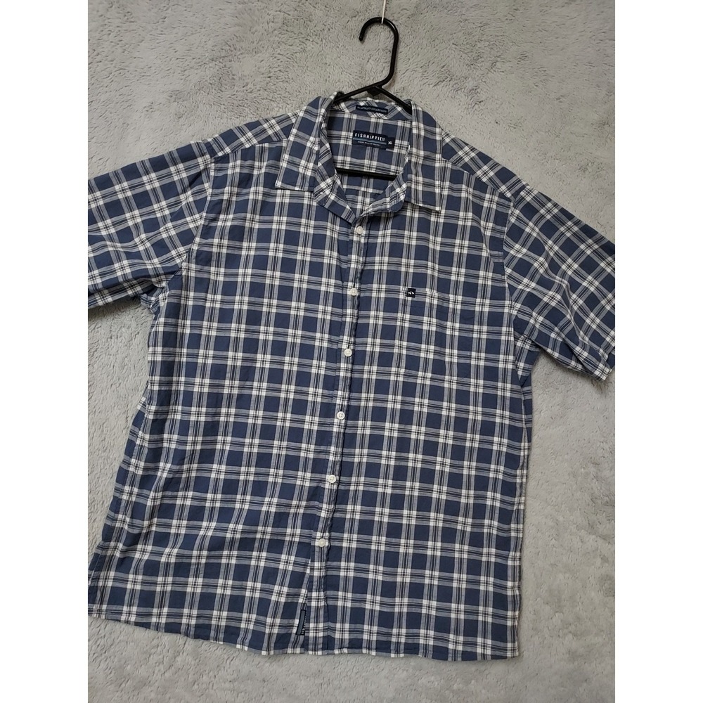 Fish Hippie Shirt Mens XL Rumfront Collection Blue White Plaid Casual Fishing